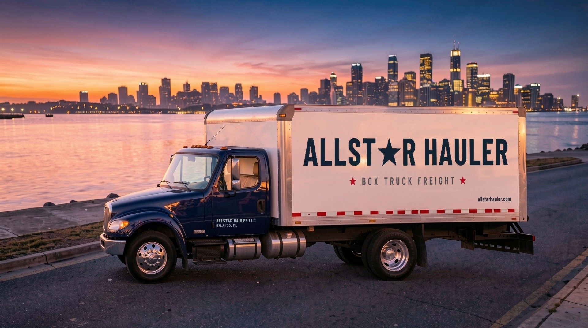 Side view of a 26-foot box truck in Allstar Hauler livery, marked with its dimensions: a box about 26 feet long and about 8 feet high inside, with a tuck-under liftgate at the rear, typically rated 2,500 to 3,000 pounds per lift